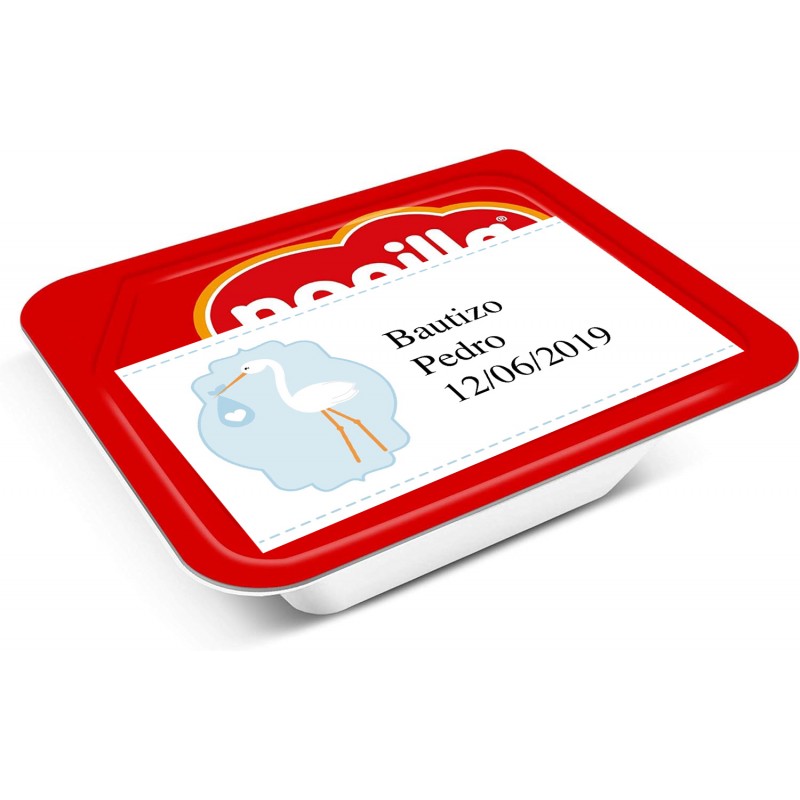 Nocilla Mini Personalizada con Nombre y Fecha para Bautizo en Adhesivo Cigüeña Azul Nocilla Mini Personalizada con Nombre y Fecha para Bautizo en Adhesivo Cigüeña Azul