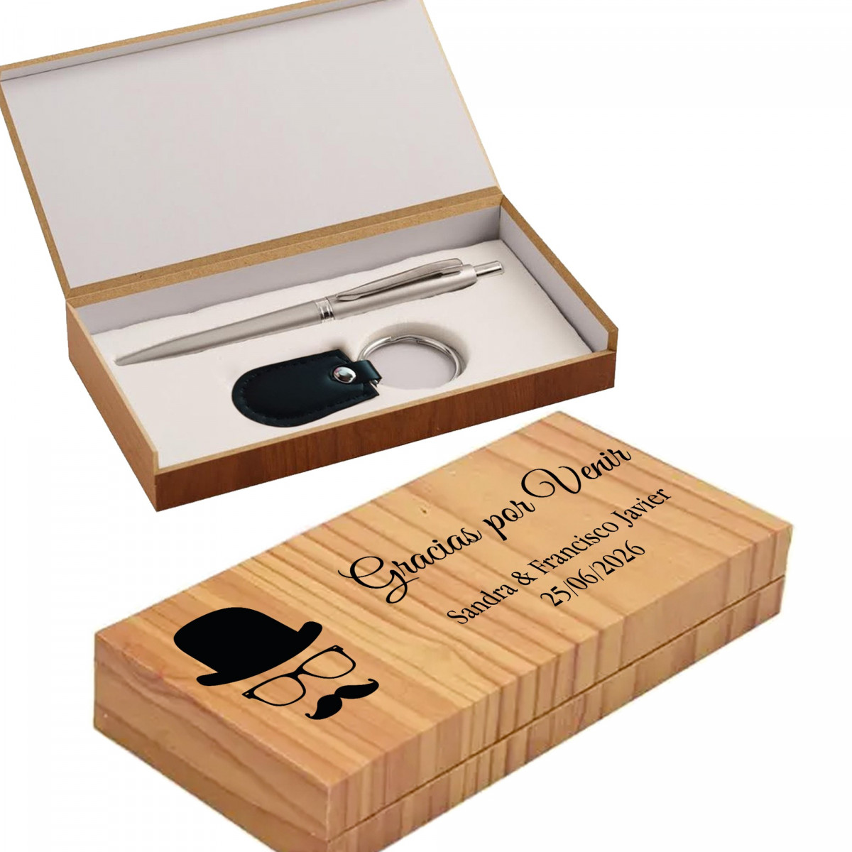 Boligrafo y llavero en caja de madera personalizada