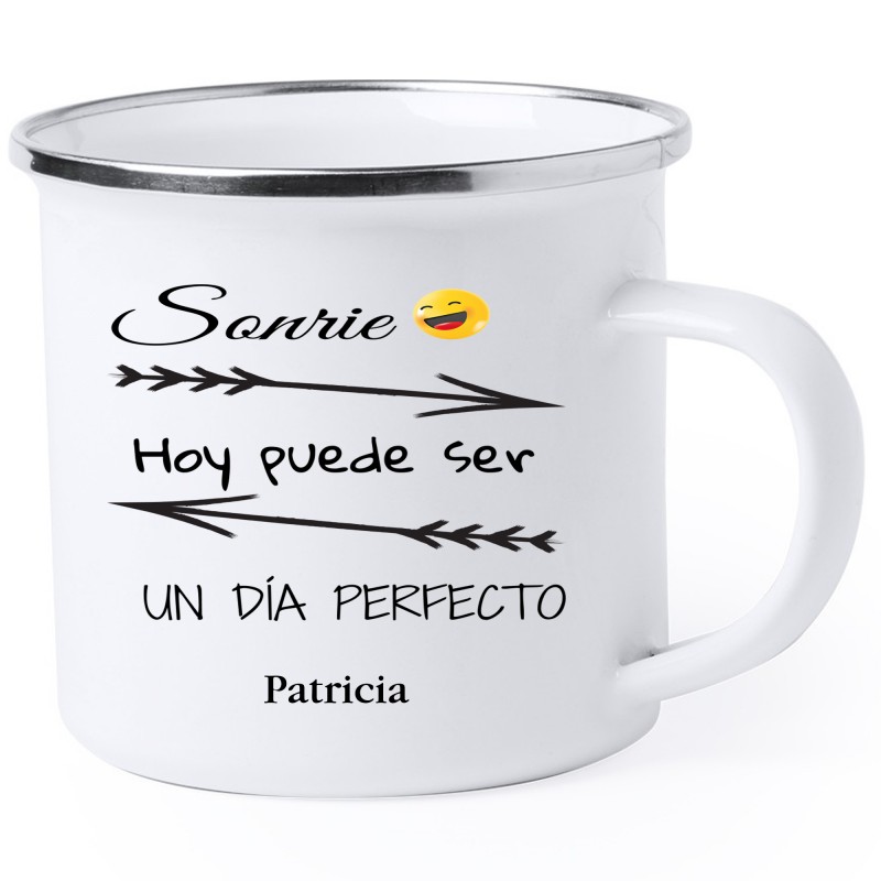 Taza metálica con frase motivadora personalizada con nombre