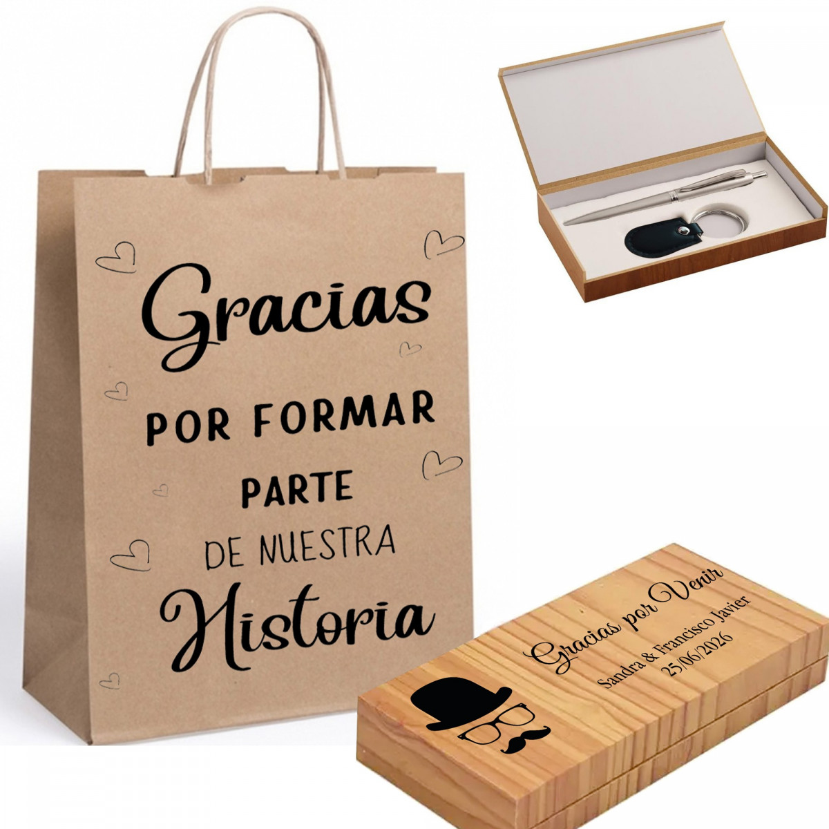 Bolígrafo y llavero en caja de madera personalizada con frase y nombres presentada en bolsa kraft con frase