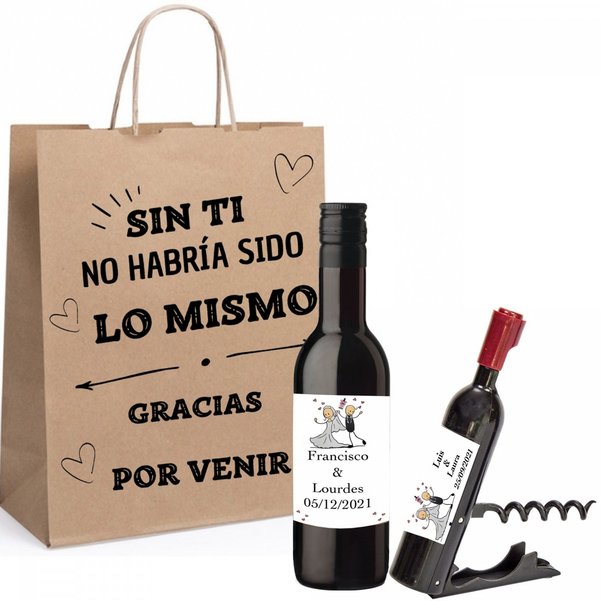 Botella de vino personalizada con sacacorchos personalizado presentado en bolsa kraft con frase