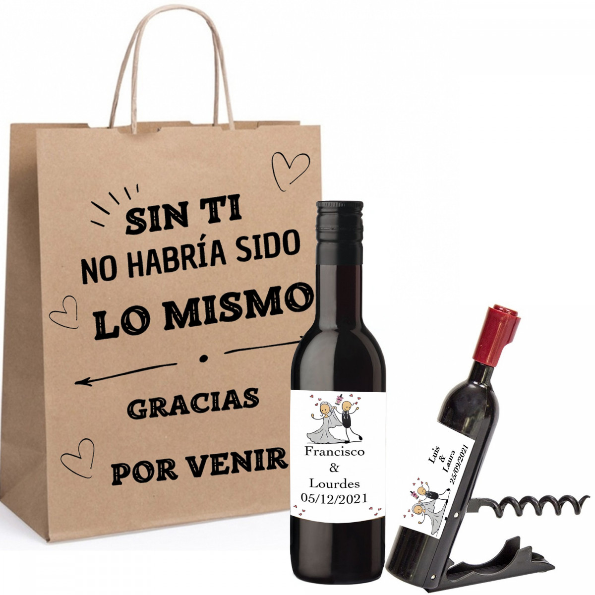 Detalles Invitados Boda para Hombres Botella de Vino Personalizada con Sacacorchos en Bolsa