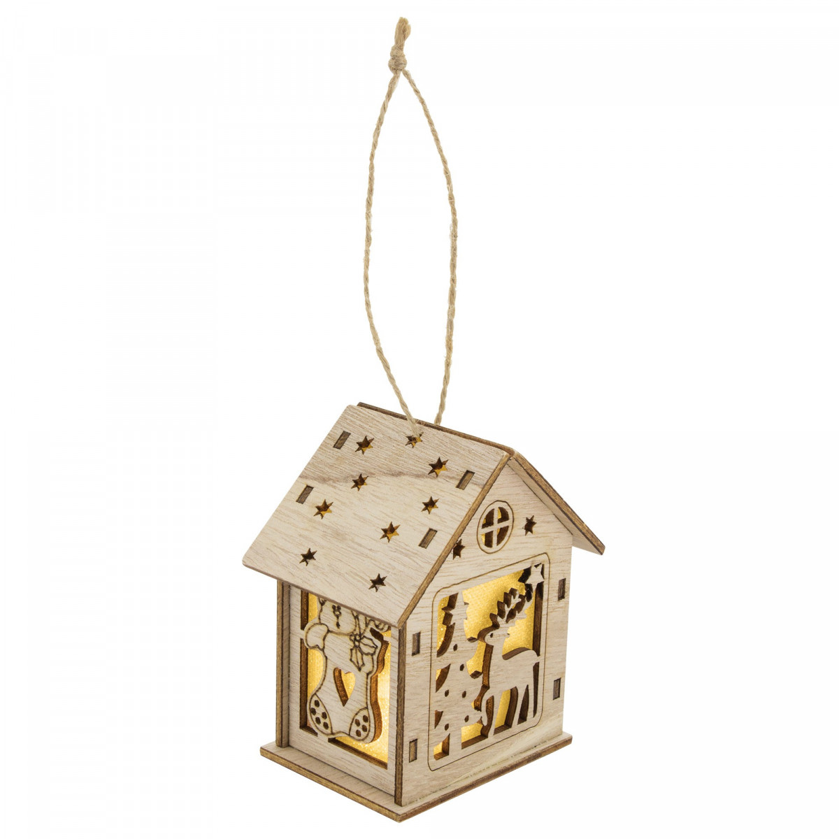 Adorno navideño con luz en forma de cabaña de madera
