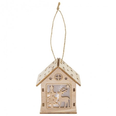 Adorno navideño con luz en forma de cabaña de madera