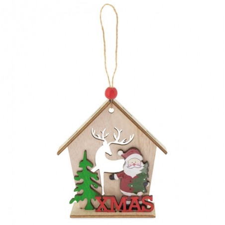Adorno navideño con casita de madera y colgante