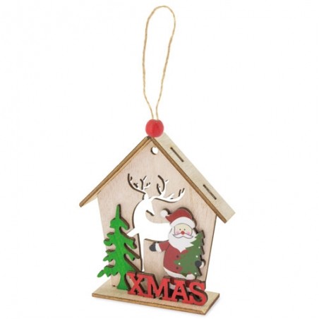 Adorno navideño con casita de madera y colgante