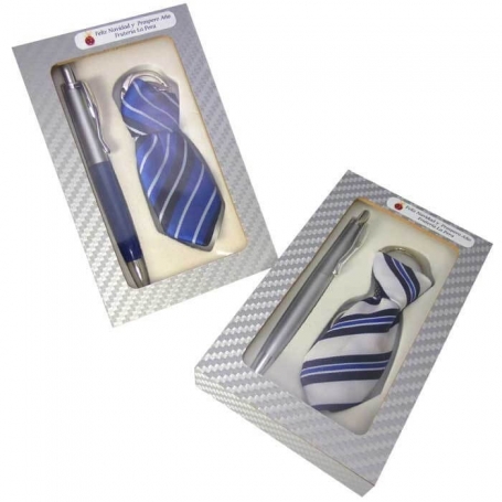 Llavero corbata con bolígrafo en caja de madera gris con...