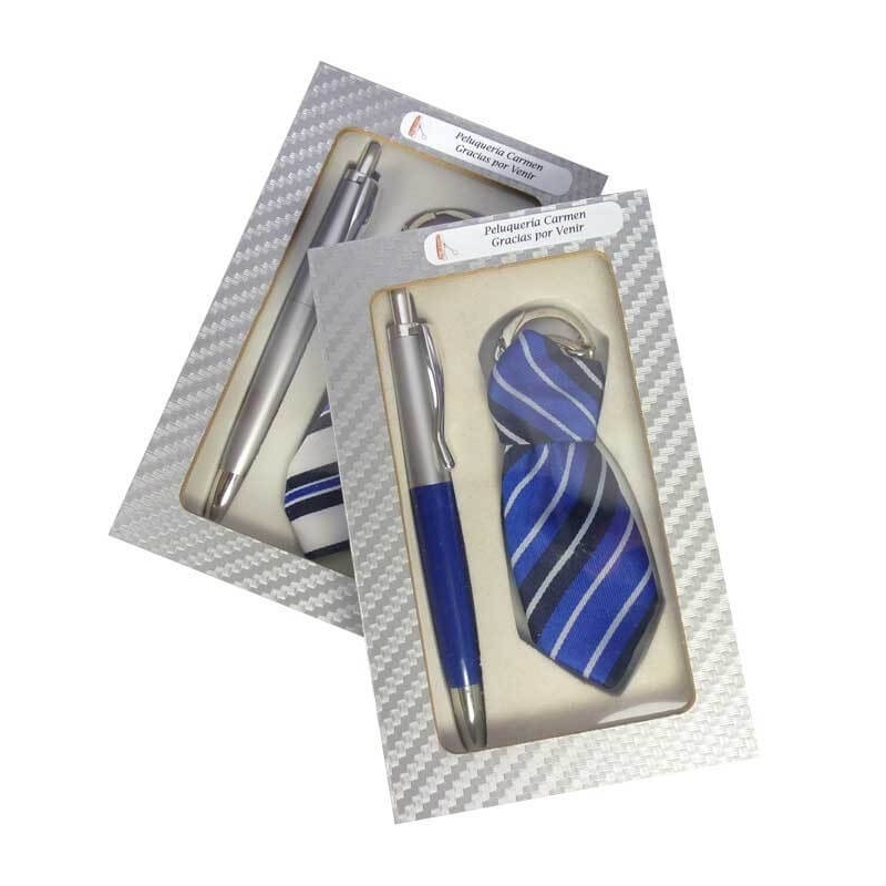 Llavero corbata con bolígrafo en caja de madera personalizada ideal para detalles clientes