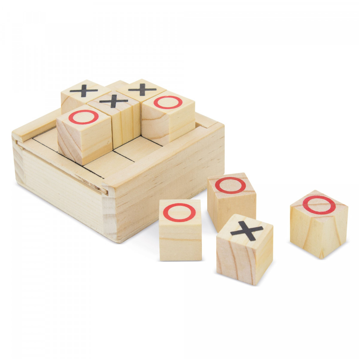 Tres en raya con fichas y caja de madera