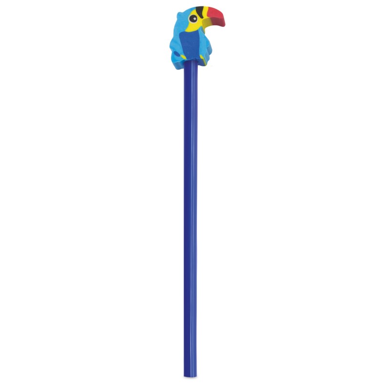 Lápiz de color azul con goma de borrar en forma de loro