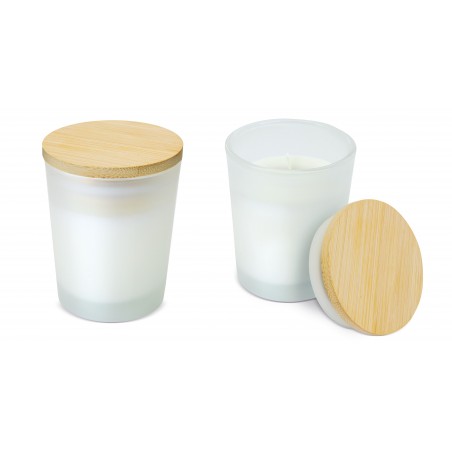 Vela de cristal en vaso con tapa de bambú y aromática