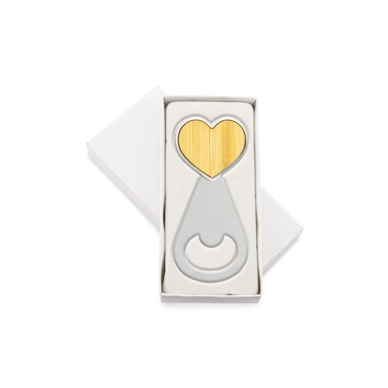 Abrebotellas en forma de corazón presentado en caja blanca