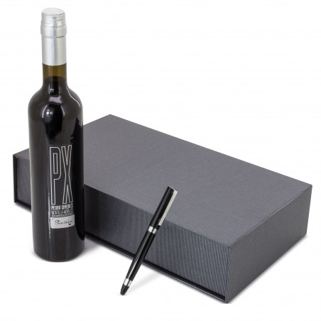 Botella de vino pedro ximenez con bolígrafo negro pierre cardin presentado en estuche