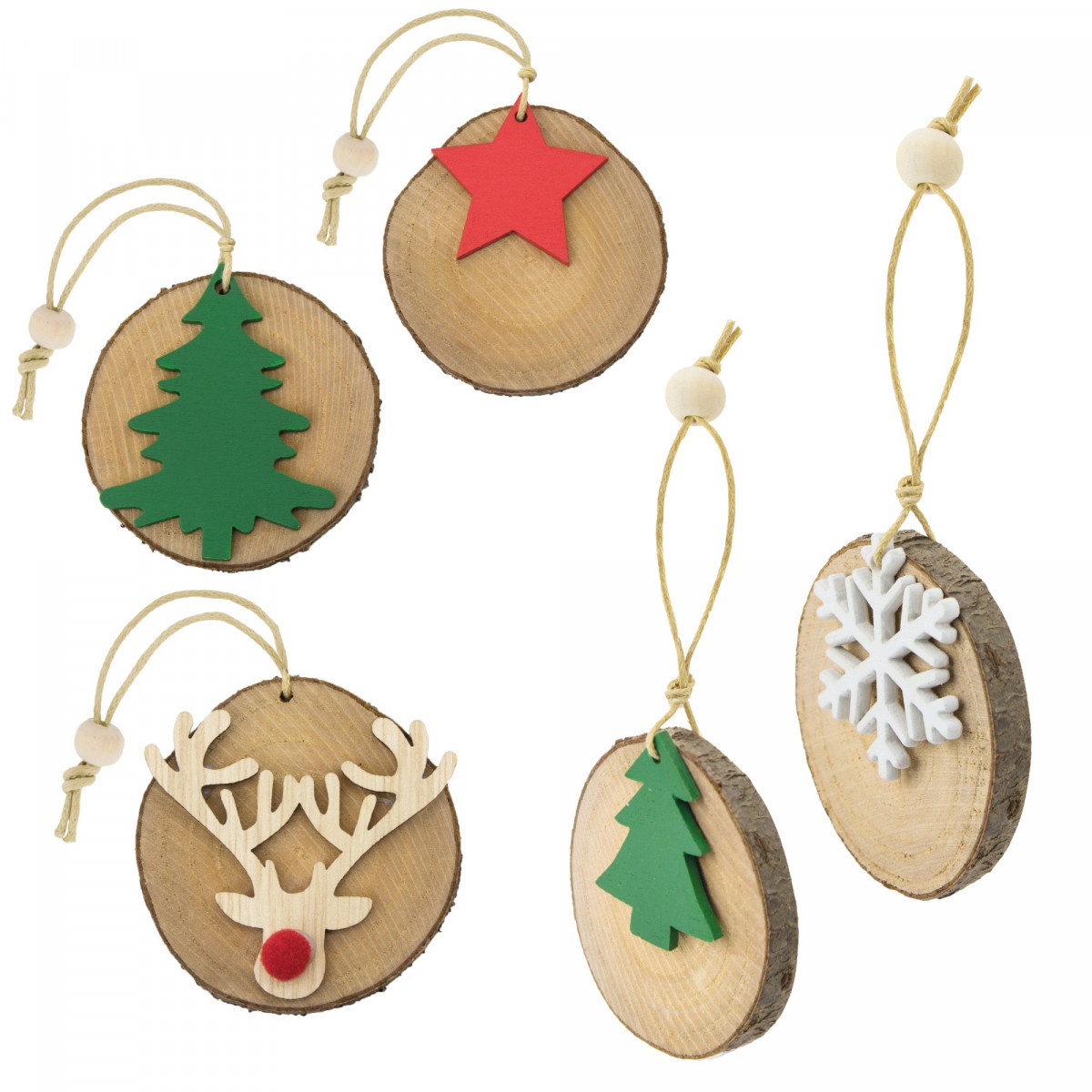 5 adornos navideños en troncos de madera