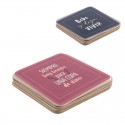 Set 4 posavasos cuadrados fabricados de corcho con frase
