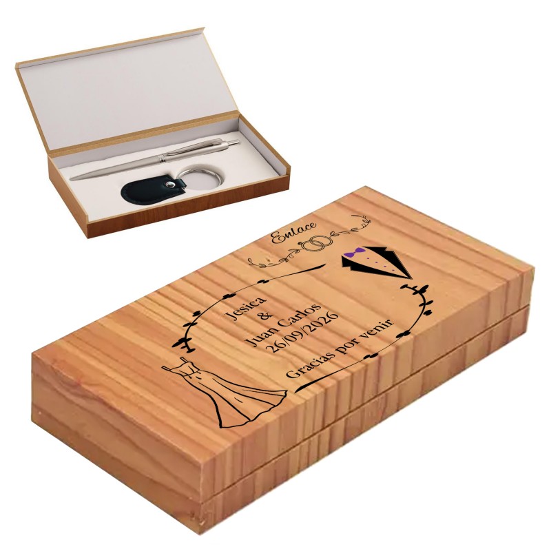 Bolígrafo y Llavero Presentado en Caja de Madera Personalizada para Boda con Frase de Agradecimiento Bolígrafo y Llavero Presentado en Caja de Madera Personalizada para Boda con Frase de Agradecimiento