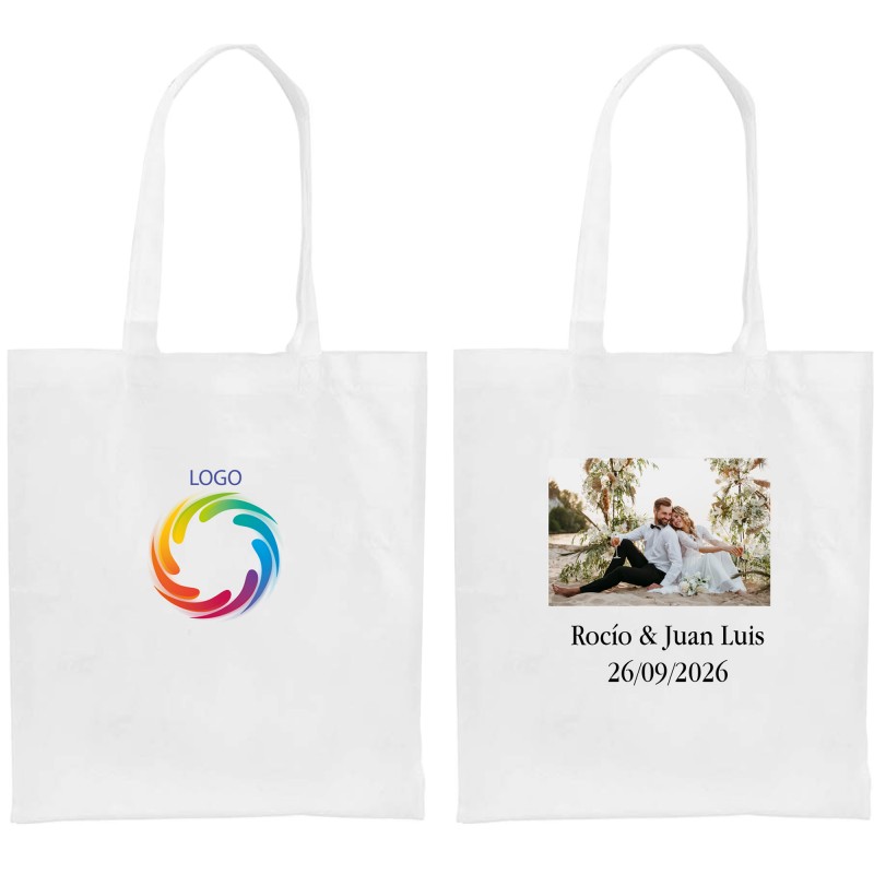 Bolsa personalizada con logo a todo color o foto y texto para empresas bodas bautizos comuniones y cumpleaños