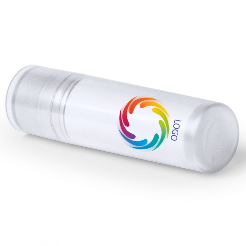 Balsamo labial blanco personalizado con logo y texto a todo color