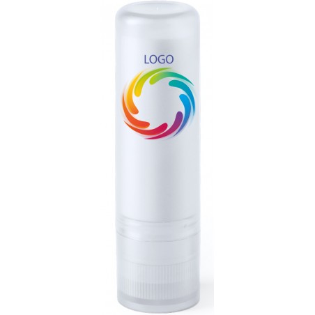 Balsamo labial blanco personalizado con logo y texto a todo color