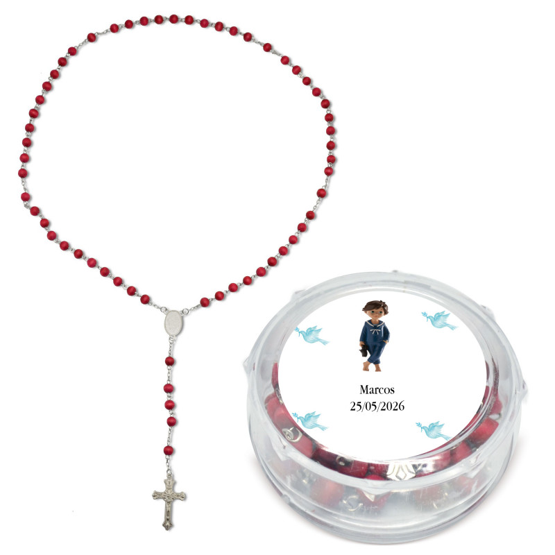 Rosario perfumado presentado en caja transparente personalizada con adhesivo niño comunión