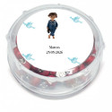 Rosario perfumado presentado en caja transparente personalizada con adhesivo niño comunión