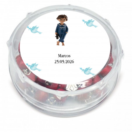 Rosario perfumado presentado en caja transparente personalizada con adhesivo niño comunión