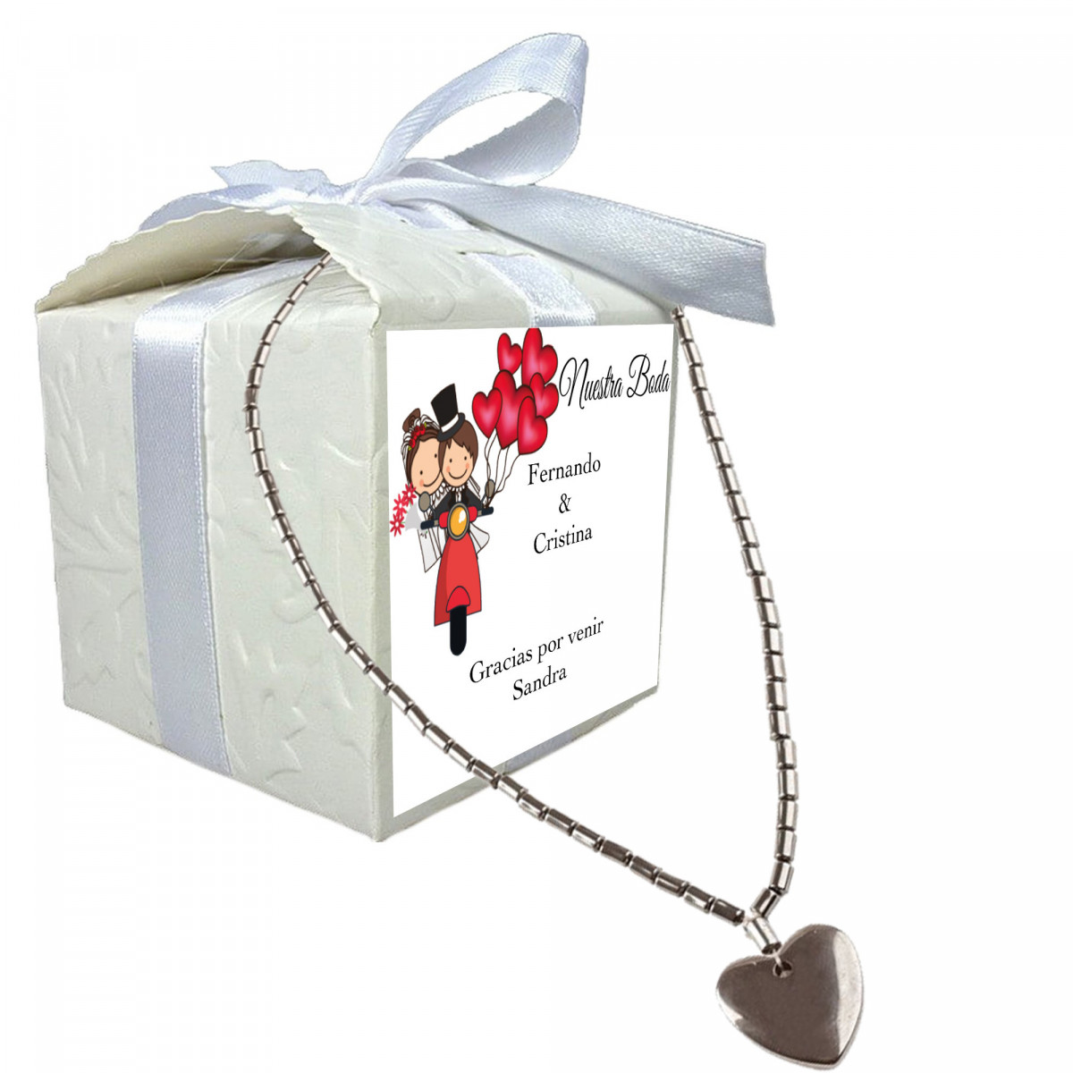 Collar corazón en caja con adhesivo personalizado con nombre de invitado nombre de novios fecha y dedicatoria