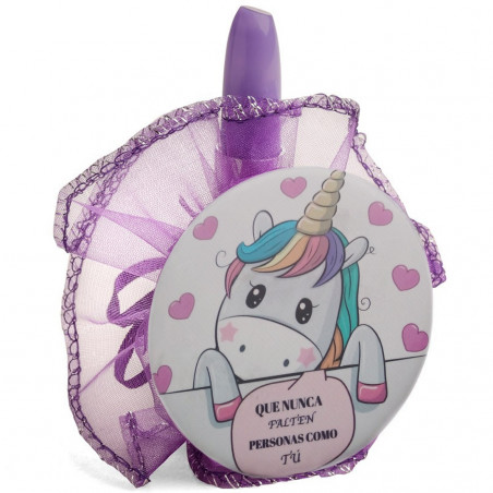 Espejo unicornio con bolígrafo pintalabios en bolsa de organza lila