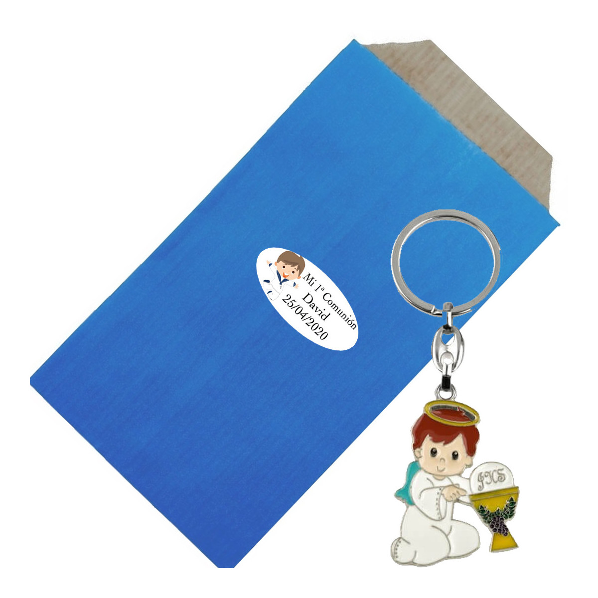 Llavero niño comunión en sobre kraft personalizado con adhesivo
