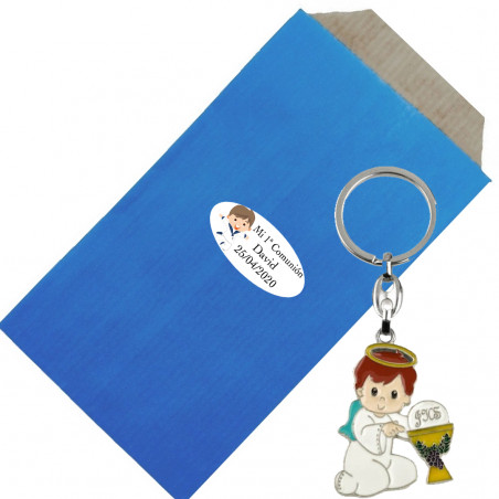 Llavero niño comunión en sobre kraft personalizado con adhesivo
