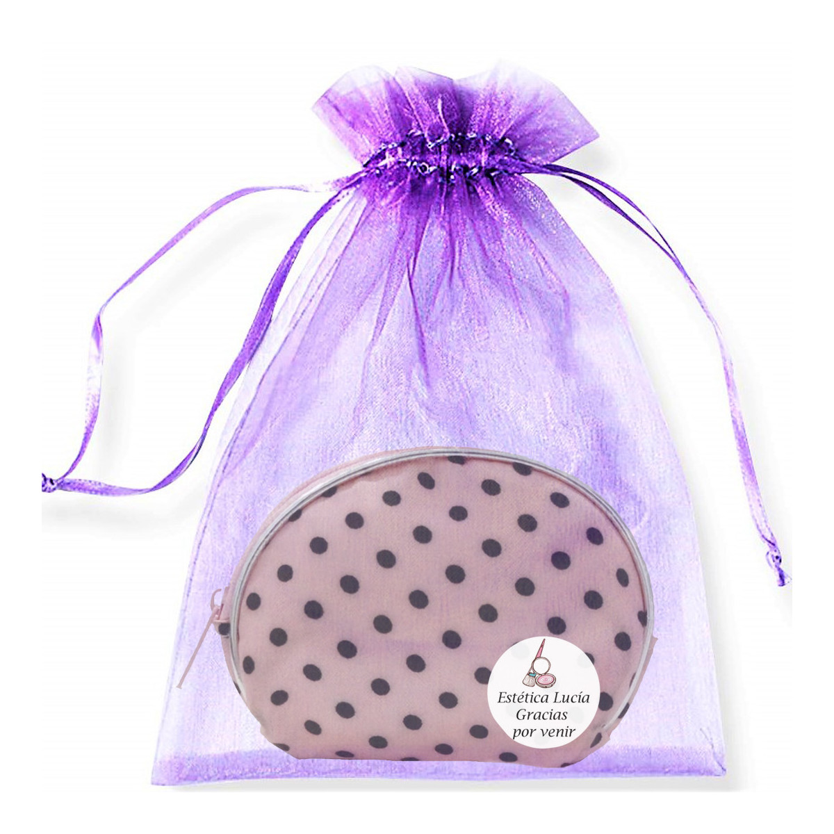 Monedero en bolsa de organza personalizado con adhesivo ideal para clientes de peluquerías y estética