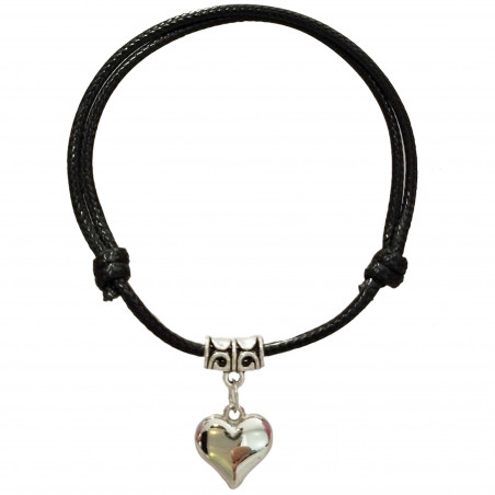 Pulsera ajustable negra con corazón plateado