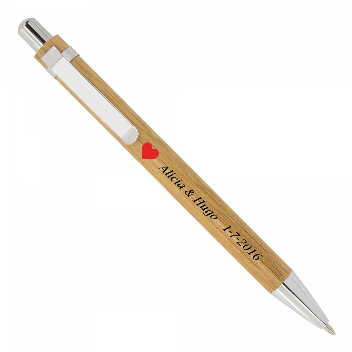 Bolígrafo de bambú personalizado con adhesivo corazón