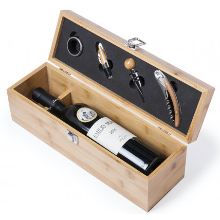 Sacacorchos cortacápsulas tapón dosificador y recogegotas en caja de madera para botella de vino