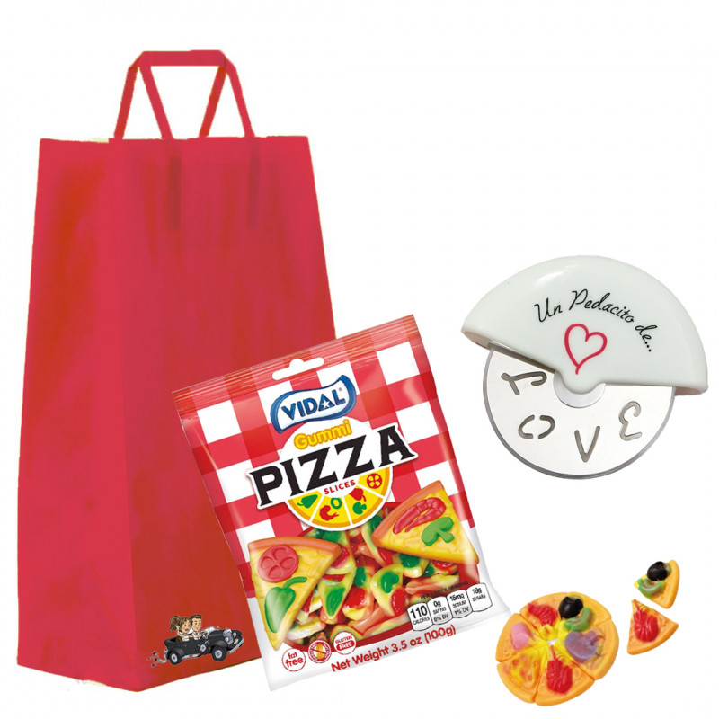 Cortapizzas original presentado en bolsa kraf con chuches en forma de pizza