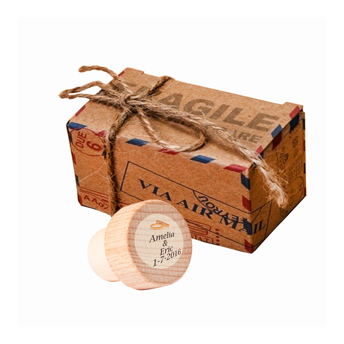 Tapón hermético para botellas de vino con adhesivo personalizado en caja de cartón cerrada