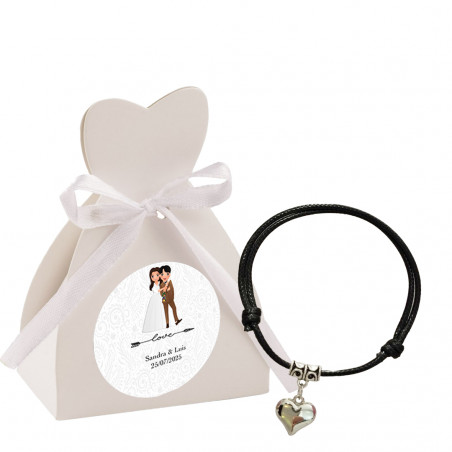 Pulsera de cordón ajustable con corazón de metal en caja personalizada con adhesivo de novios de boda