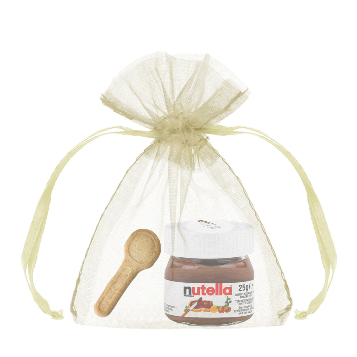 Tarro de nutella con cuchara de galleta en bolsa de organza y personalizado con adhesivo para bodas