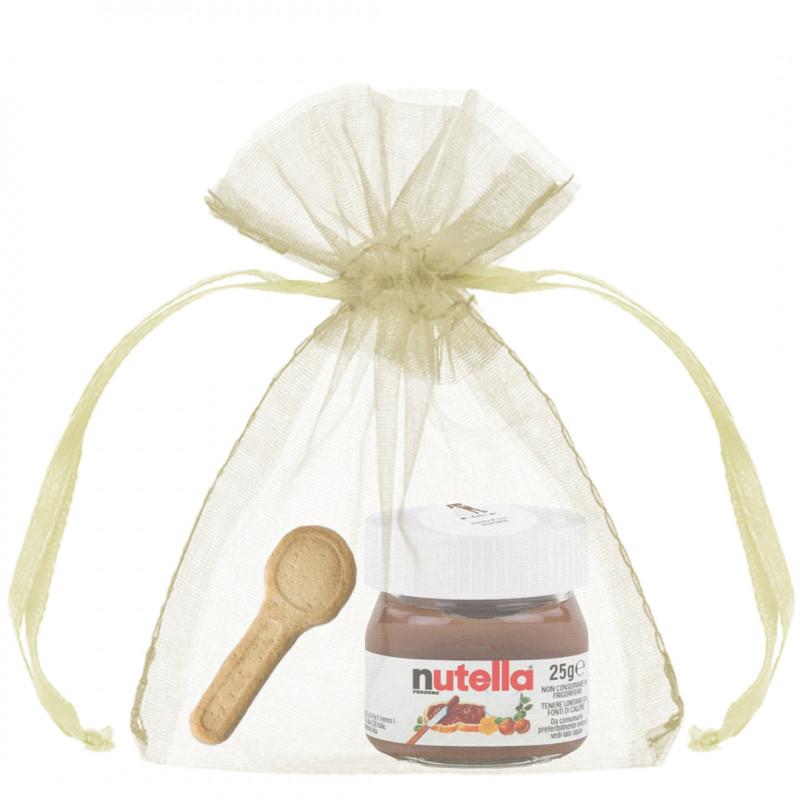 Tarro de nutella con cuchara de galleta en bolsa de organza y personalizado con adhesivo para bodas