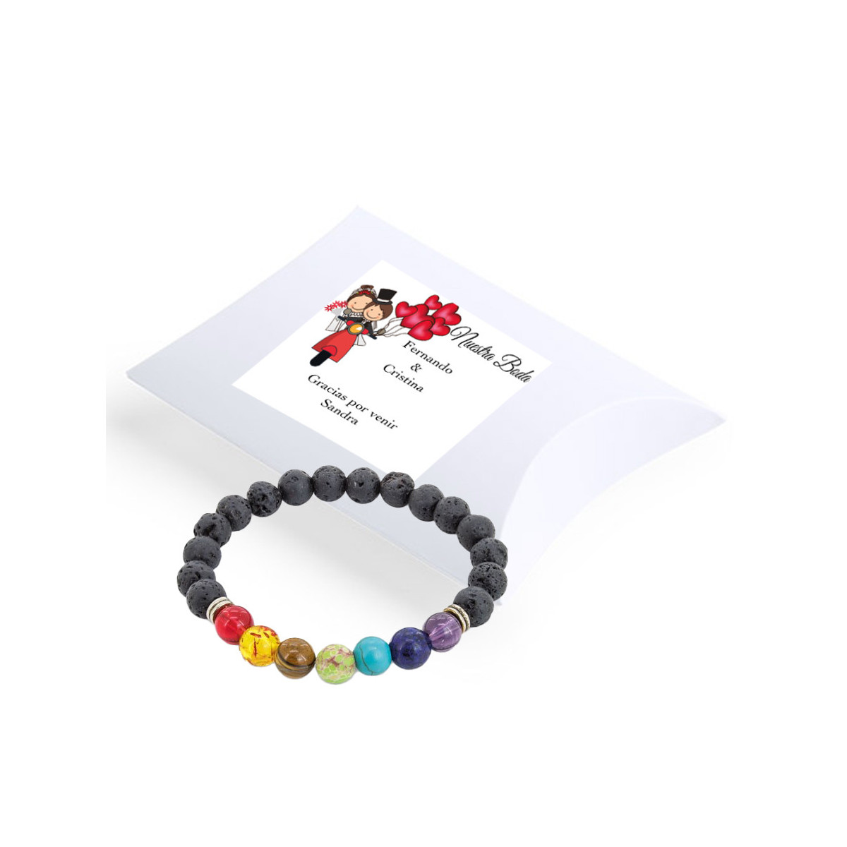 Pulseras con piedras chakras en caja de cartón blanca con adhesivo personalizado
