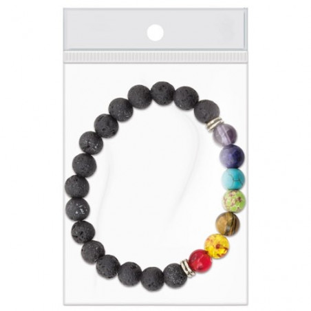 Pulseras con piedras chakras en caja de cartón blanca con adhesivo personalizado