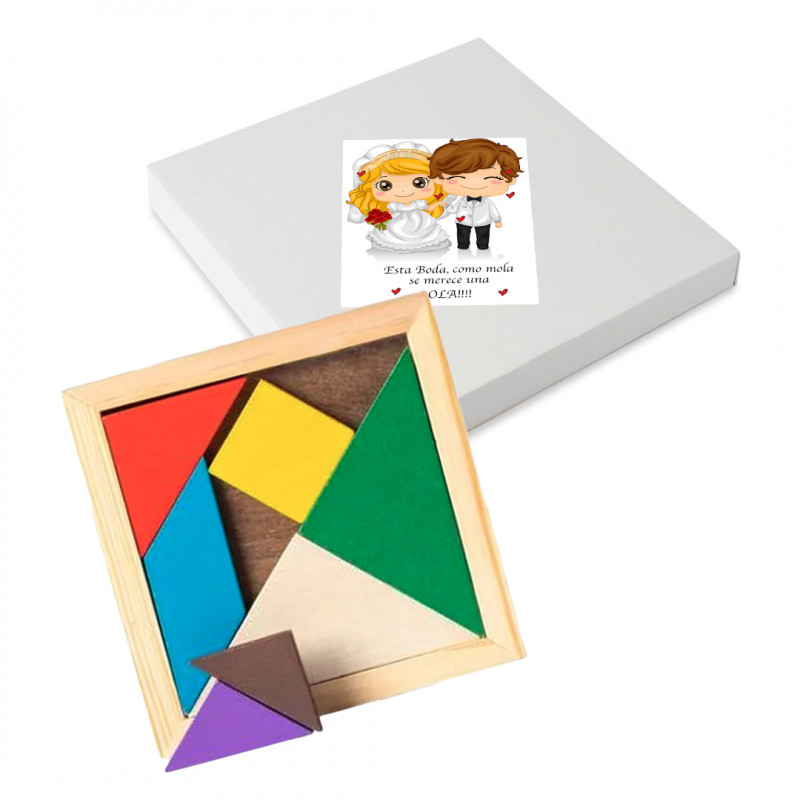Puzzle tamgram cuadrado en caja de cartón con adhesivo de bodas