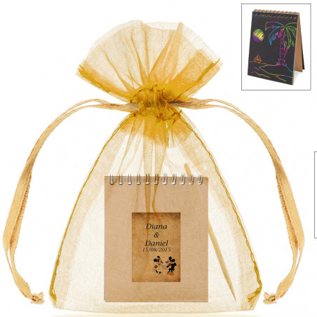 Libreta mágica negra con lápiz rayador personalizada con adhesivo de boda