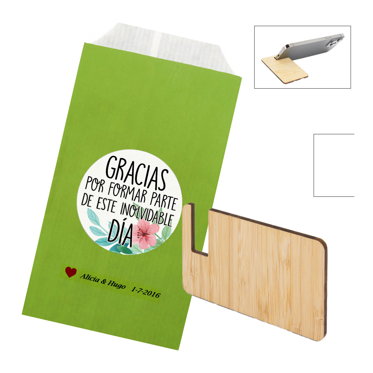 Soporte de móvil de madera presentado en sobre kraf verde personalizado
