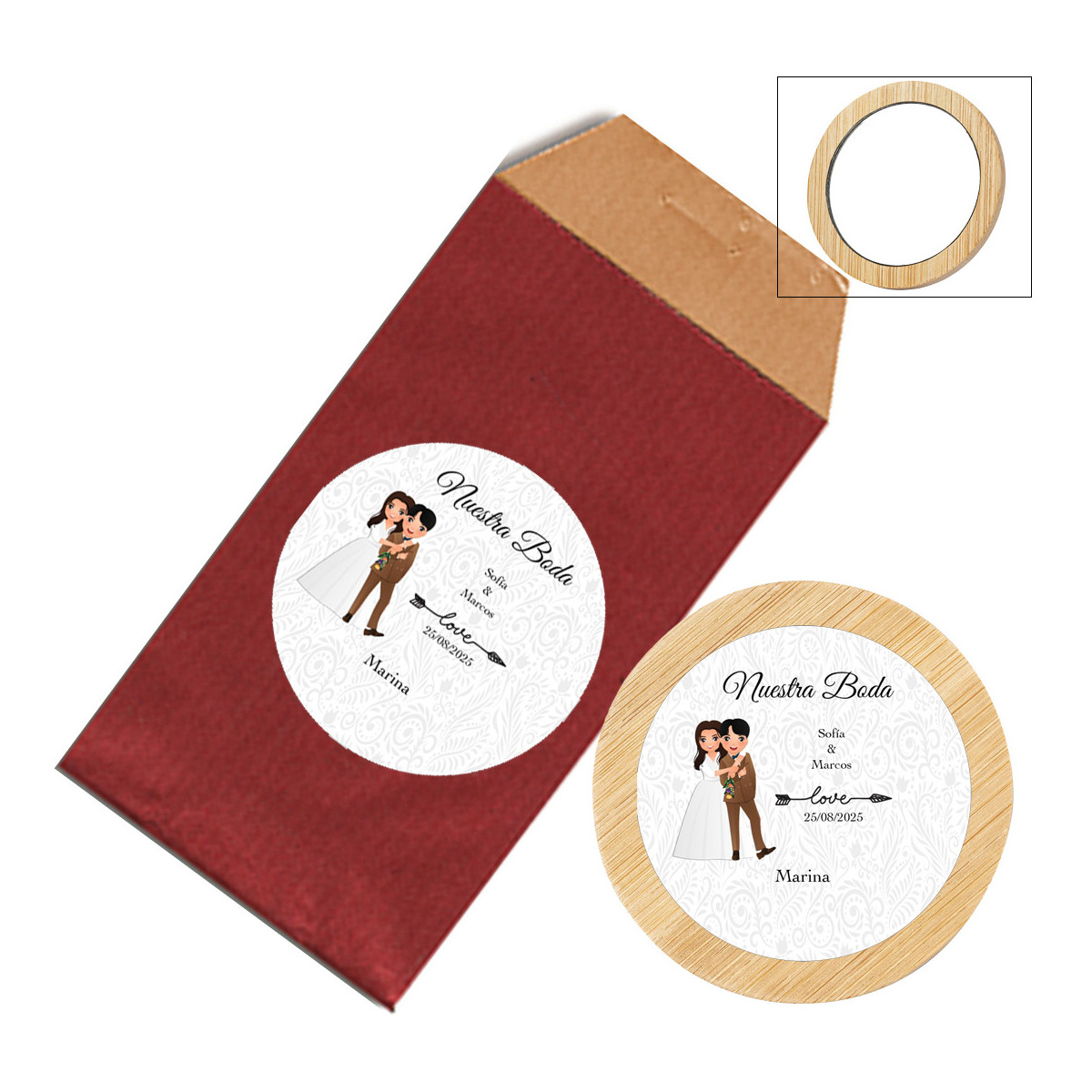 Espejo de bolso de madera personalizado con adhesivos de bodas y presentado en sobre kraft