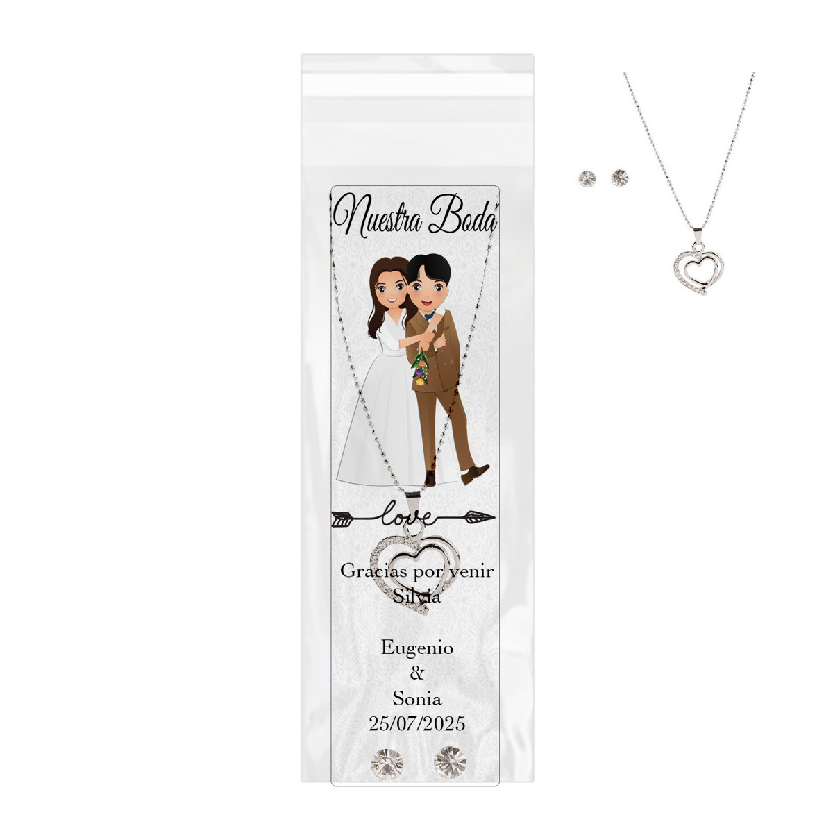 Gargantilla y pendientes presentado en bolsa transparente con marcador de libro de boda personalizado