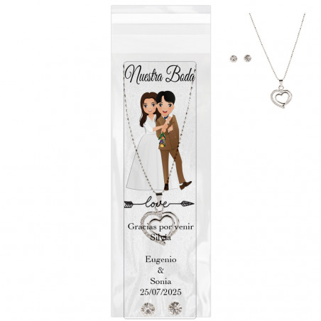 Gargantilla y pendientes presentado en bolsa transparente con marcador de libro de boda