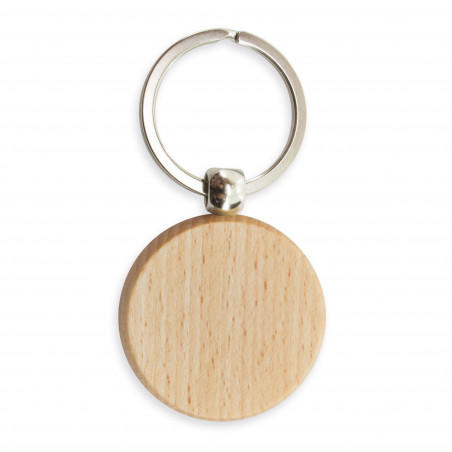Llavero de madera circular personalizado con adhesivo de boda y presentado en bolsa de antelina