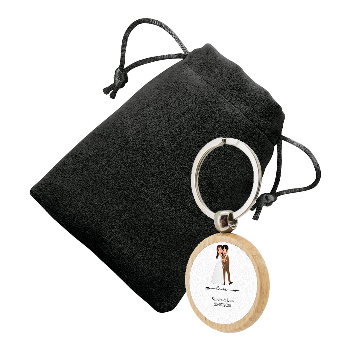 Llavero de madera circular personalizado con adhesivo de boda y presentado en bolsa de antelina