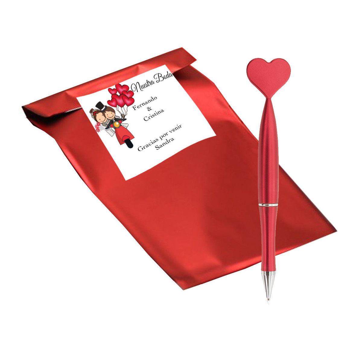 Bolígrafo tinta azul con terminación en forma de corazón y presentado en bolsa con adhesivo personalizado para bodas